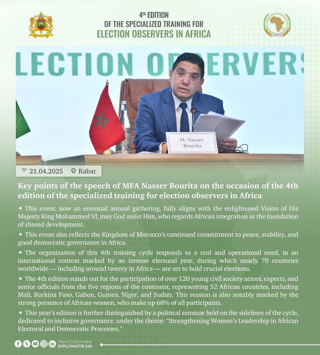 Key points of the speech of MFA Nasser Bourita on the occasion of the 4th edition of the specialized training for election observers in Africa