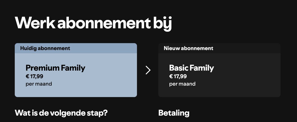 tip: Spotify verhoogt de prijzen voor Family-abonnementen van 17,99 met 4 euro (!) naar 21,99.

Als je de oude prijs wil blijven betalen, kun je je Family-abonnement omzetten naar het nieuwe 'Basic Family' (vrijwel hetzelfde). Dat doe je hier: spotify.com/nl/account/sub…