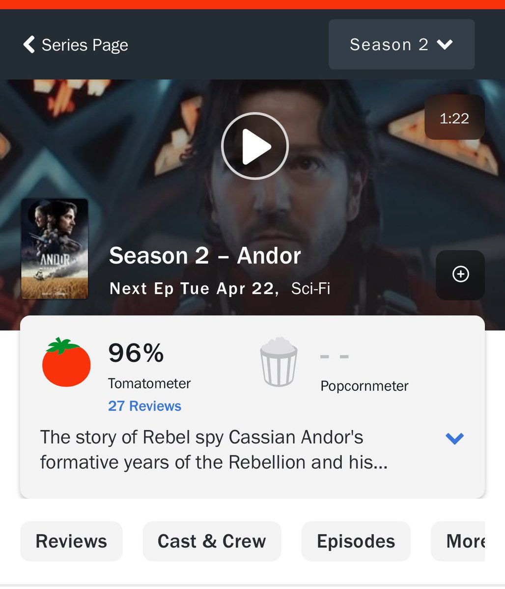 DiscussingFilm's tweet image. ‘ANDOR’ Season 2 debuts with 96% on Rotten Tomatoes, the same score as Season 1.

Read our review: bit.ly/AndorDF2