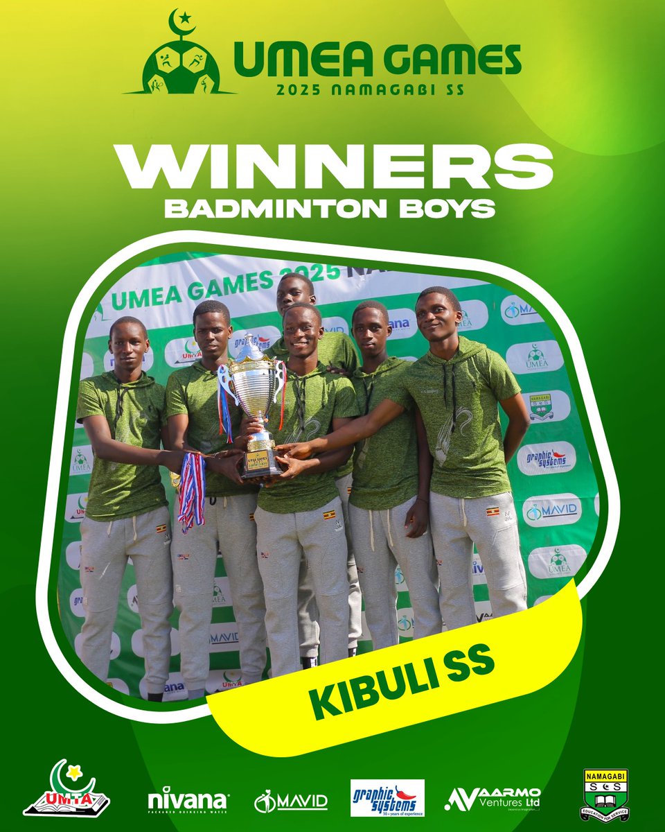 umea_games's tweet photo. BADMINTON BOYS

Champions: Kibuli SS 
2nd Place: Kinaawa High School - Kawempe
3rd Place:  Kakungulu Memorial

MVP: Sserubiru Awal (Kinaawa High School - Kawempe)

#UMEAGames2025 https://t.co/zuMHMG8l0A