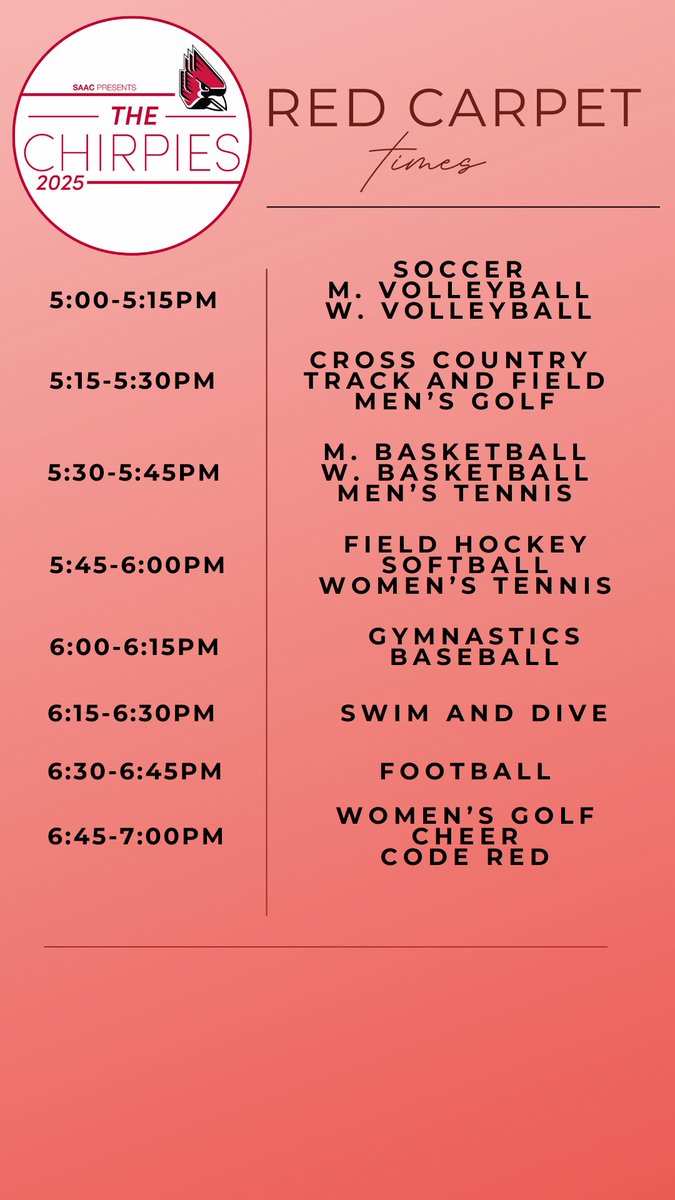 We’re just 1 day away from hitting the red carpet 🎥

Check the schedule to see when your team’s up! 

#RedCarpet #BallStateAthletics #Chirpies2025