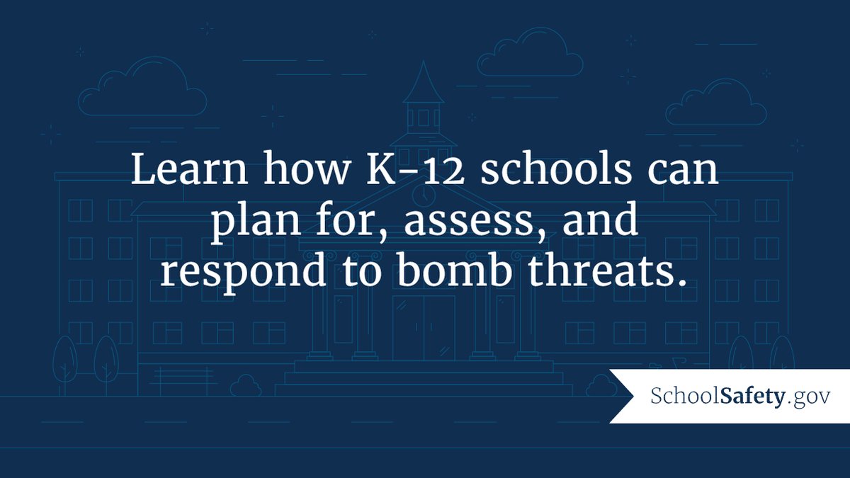SchoolSafety.gov (@schoolsafetygov) on Twitter photo Learn how to prepare for and respond to a bomb threat with <a href="/CISAgov/">Cybersecurity and Infrastructure Security Agency</a>’s self-paced web training. This course provides interactive exercises, explores case studies, and covers school-specific considerations for dealing with bomb threats: go.dhs.gov/wW2 Learn how to prepare for and respond to a bomb threat with <a href="/CISAgov/">Cybersecurity and Infrastructure Security Agency</a>’s self-paced web training. This course provides interactive exercises, explores case studies, and covers school-specific considerations for dealing with bomb threats: go.dhs.gov/wW2