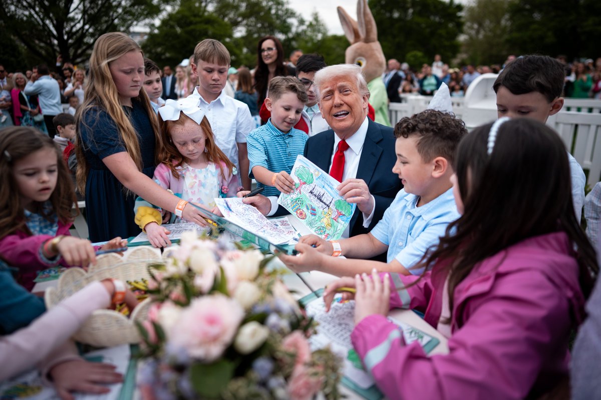 Doug Mills (@dougmillsnyt) on Twitter photo .<a href="/POTUS/">President Donald J. Trump</a> is surrounded by children as they color with crayons during the 2025 White House Easter Egg Roll on the South Lawn of the White House. .<a href="/POTUS/">President Donald J. Trump</a> is surrounded by children as they color with crayons during the 2025 White House Easter Egg Roll on the South Lawn of the White House.