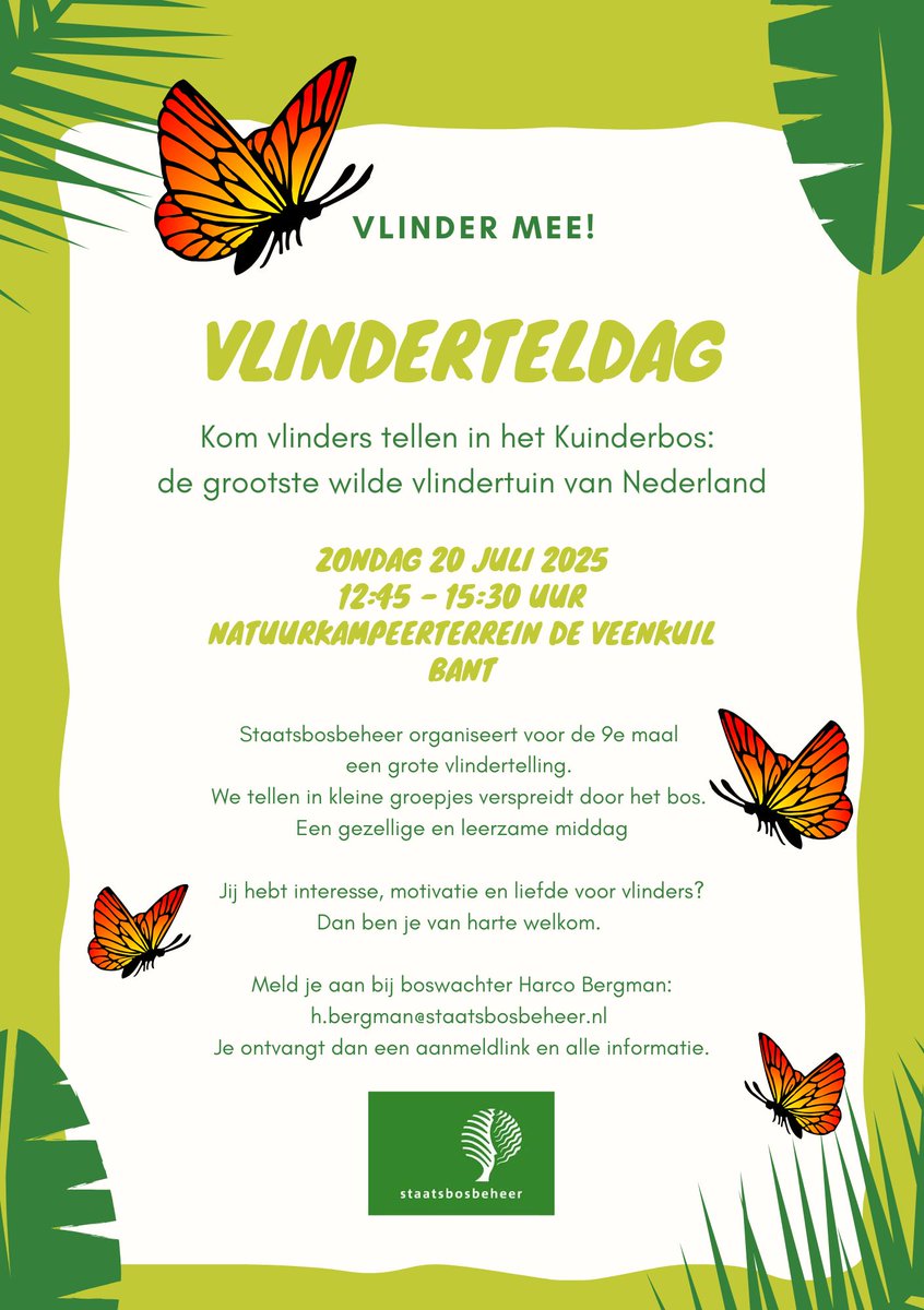 Ga je mee #vlinders tellen in het #Kuinderbos? Zondag 20 juli is de 9e vlinderteldag bij
<a href="/BoswachterHarco/">Harco Bergman</a> 
Ben jij liefhebber &amp; kenner van vlindersoorten? Wees welkom. Meld je aan via: staatsbosbeheer.nl/vlindertelling……Je krijgt digitale vlinderpresentatie van @VelingKars van
<a href="/vlinderNL/">De Vlinderstichting</a>