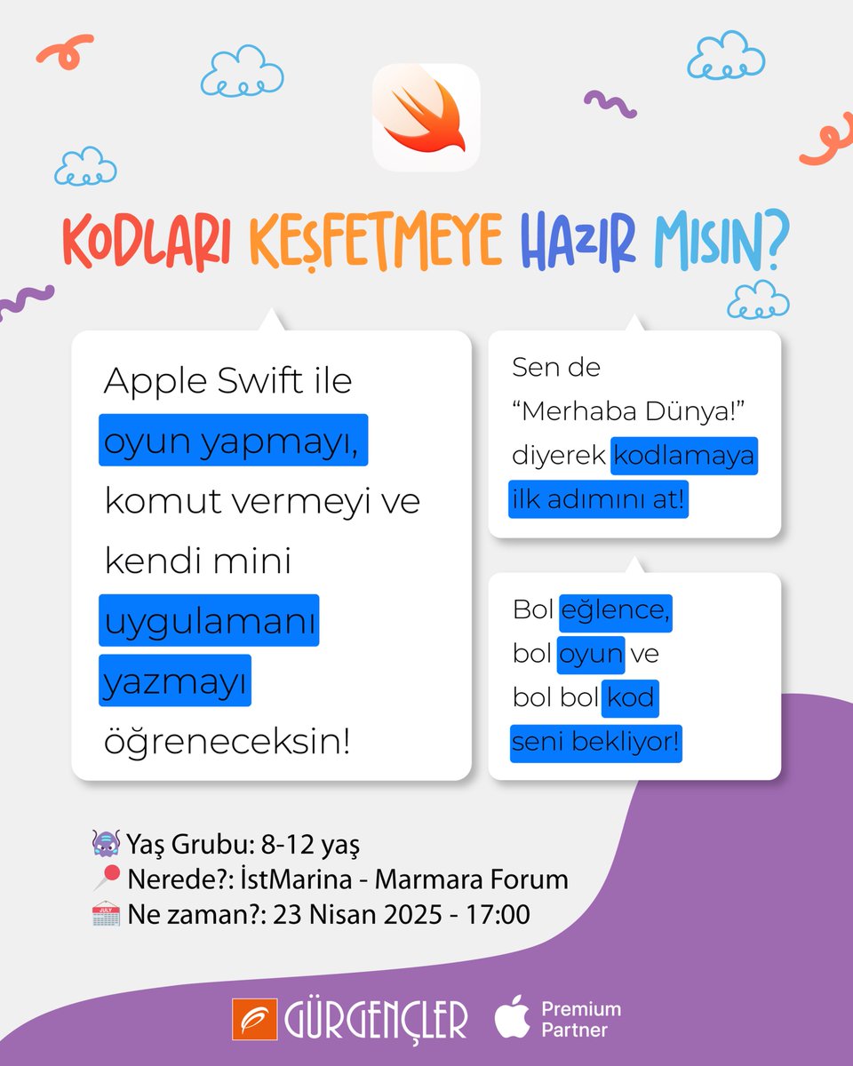 AppleGurgencler's tweet image. 23 Nisan’a özel kod dolu bir etkinlik seni bekliyor!🎉

“Merhaba Dünya!” diyerek kodlamaya ilk adımını at!🤩

23 Nisan Çarşamba, saat 17.00’da 📍 İstMarina ve Marmara Forum mağazalarımızda buluşuyoruz.

*8 yaşından küçükler ailesi ile katılabilir.

#AppleSwift #23NisanEtkinliği…