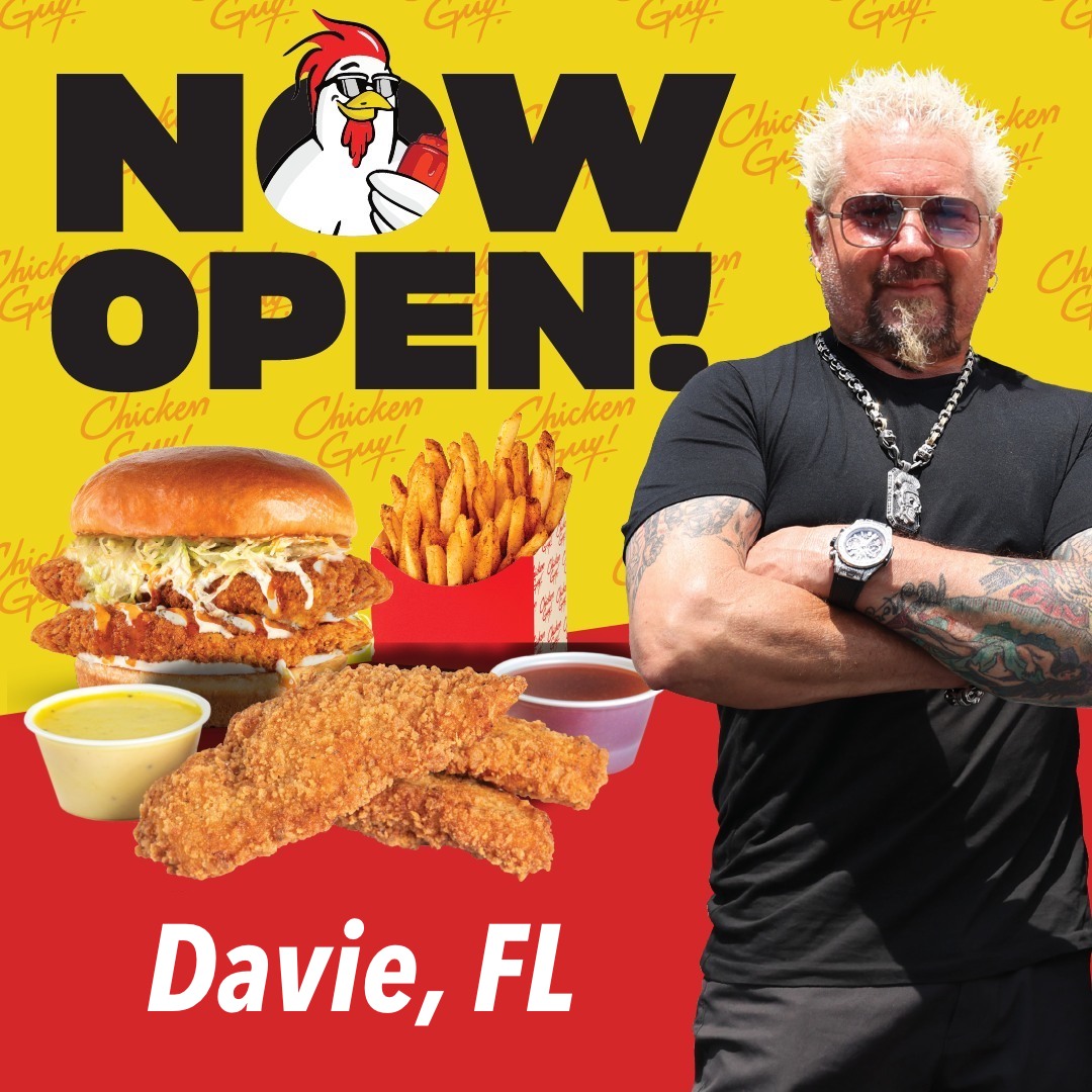 🚨Davie, Florida🚨 Chicken Guy! (4301 South University Drive
Davie, FL) is NOW OPEN!🐔 Click here for details: chickenguy.com/locations/davi…

#ChickenGuy #BossOfSauce #Flavortown #Davie #Florida