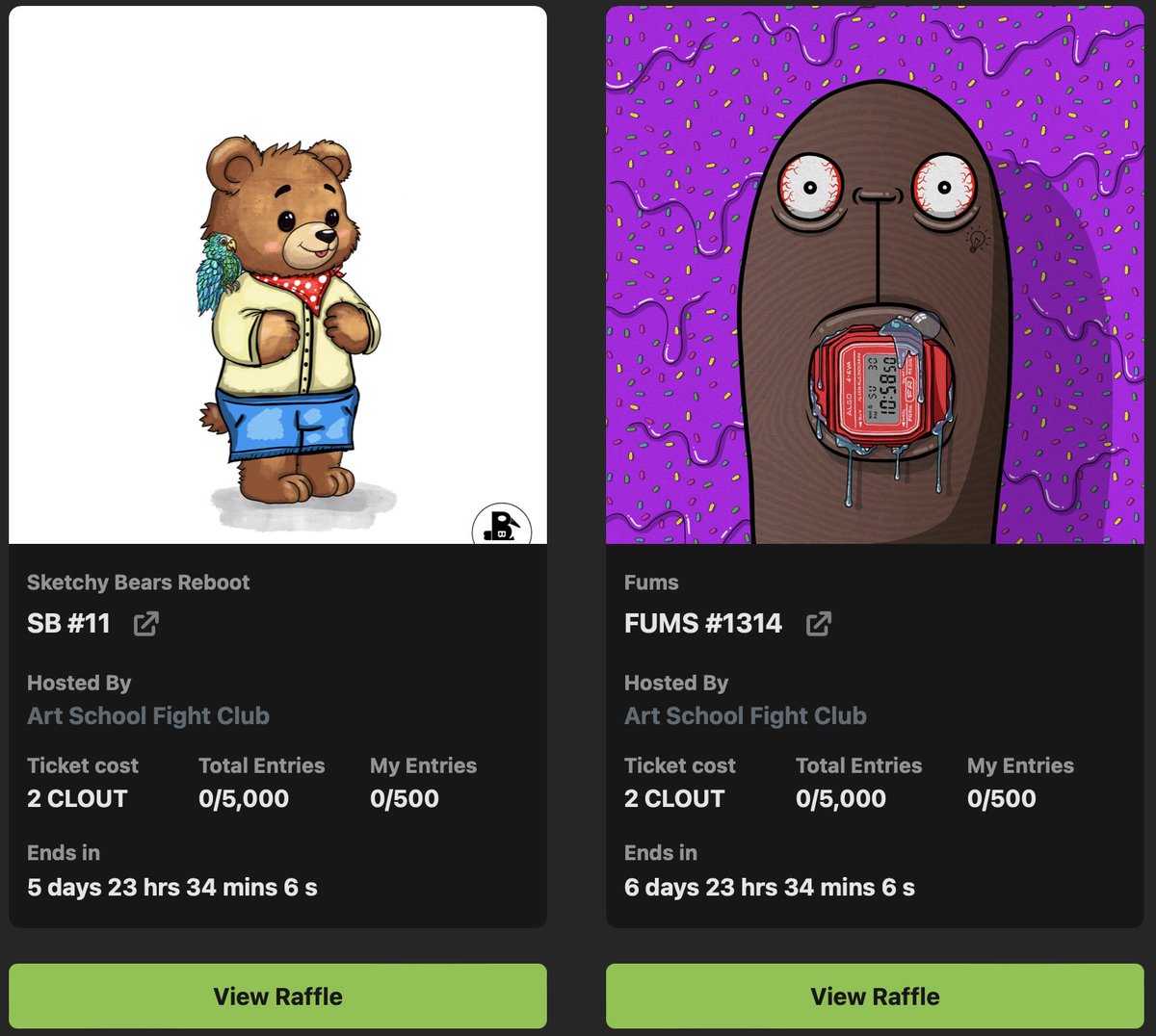 Art School Fight Club (@artschoolfc) on Twitter photo Just posted two new raffles for $CLOUT on the <a href="/ShittyKitties_/">shittykitties.algo</a> raffle site.
A Sketchy Bears Reboot from <a href="/scottmarin17/">billybigbeak.algo</a> and a FUM from <a href="/algo_hands/">Hans.algo</a>.
Earn $CLOUT in the Art School Fight Club discord!
#Algorand Just posted two new raffles for $CLOUT on the <a href="/ShittyKitties_/">shittykitties.algo</a> raffle site.
A Sketchy Bears Reboot from <a href="/scottmarin17/">billybigbeak.algo</a> and a FUM from <a href="/algo_hands/">Hans.algo</a>.
Earn $CLOUT in the Art School Fight Club discord!
#Algorand