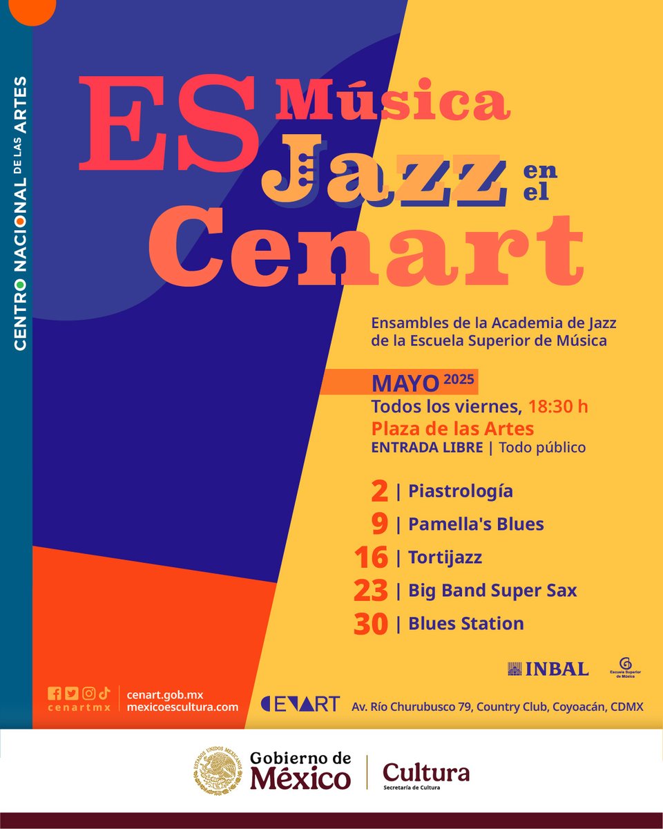 ¡Atención! Todos los viernes de mayo tendremos conciertos de jazz con ensambles de la Escuela Superior de Música. La entrada será libre, ¿vienes? 🎷🎹🎶