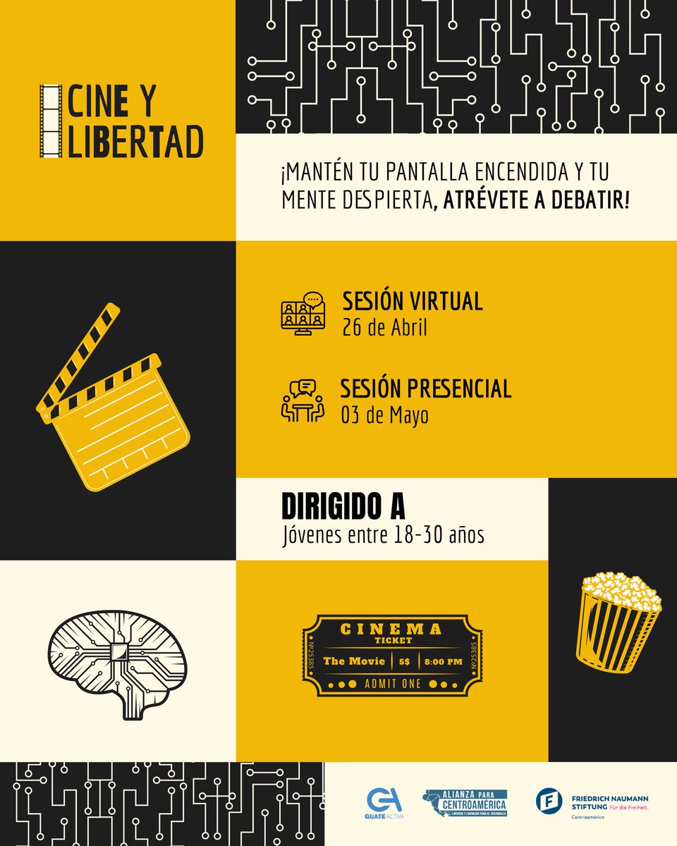 📽️ Cine y Libertad te invita a explorar la política, el cine y el debate en un espacio único. ¡Es tu oportunidad para pensar diferente! 💭

🚨 Postulaciones abiertas hasta el 25 de abril. ¡No te lo pierdas!
🔗forms.gle/N4mao6LWMeSSpK…