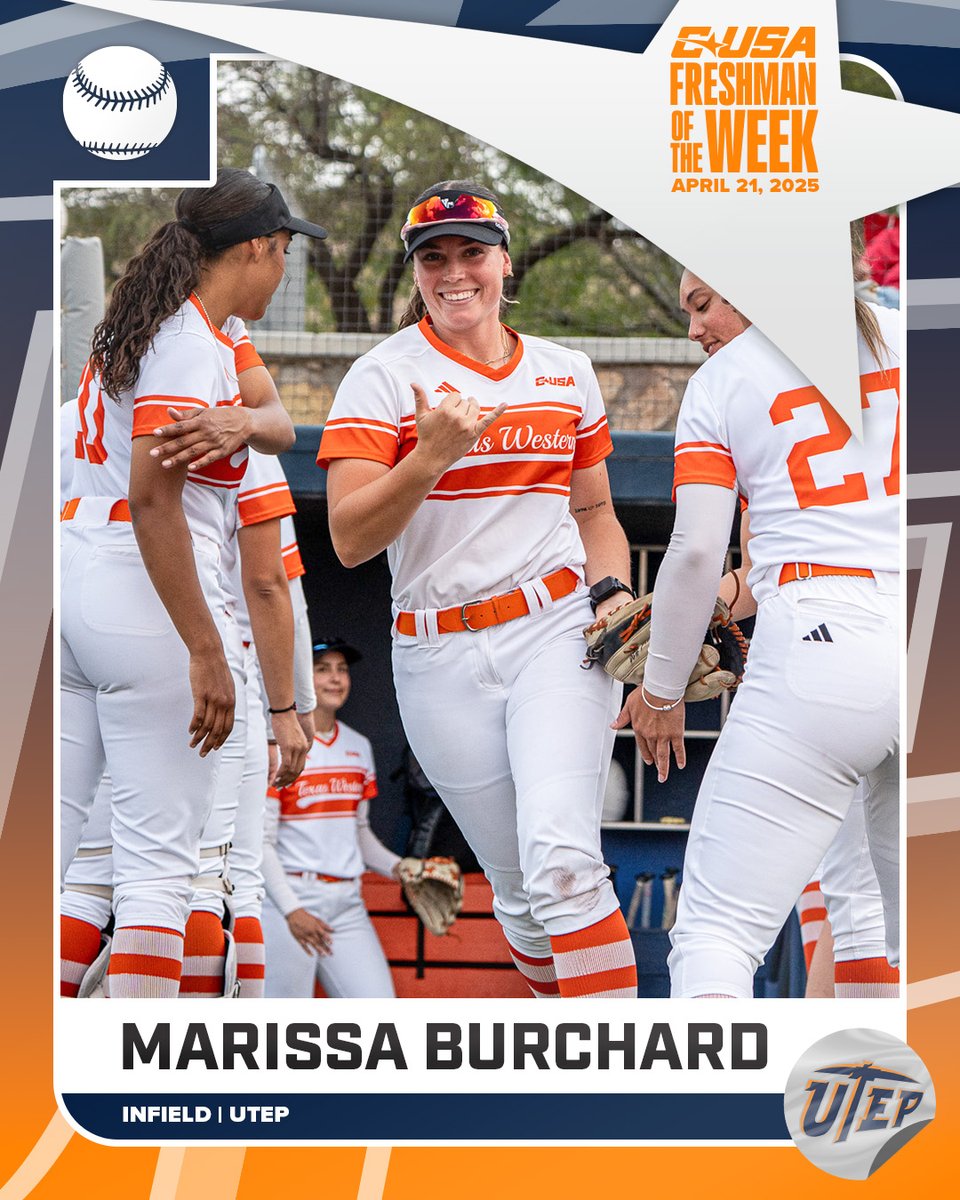 Conference USA (@conferenceusa) on Twitter photo ๐ฅ FRESHMAN OF THE WEEK ๐ฅ
๐
2โฃ Marissa Burchard, <a href="/UTEPSoftball/">UTEP Softball</a>
#NoLimitsOnUs | bit.ly/44xhxYg ๐ฅ FRESHMAN OF THE WEEK ๐ฅ
๐
2โฃ Marissa Burchard, <a href="/UTEPSoftball/">UTEP Softball</a>
#NoLimitsOnUs | bit.ly/44xhxYg