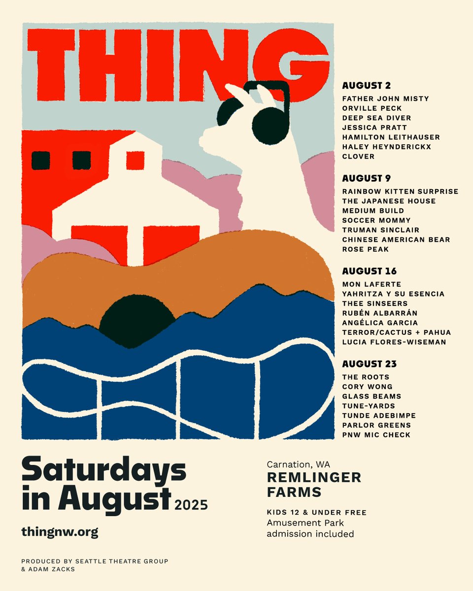 SomeTHING’s happening :) 

𝗧 𝗛 𝗜 𝗡 𝗚 𝟮 𝟬 𝟮 𝟱 🦙‼️ Four Saturdays in August, each with their own one-of-a-kind vibe 🌞

Presale starts Tuesday morning, 4/22 at 10am with guaranteed lowest-price single day tickets. 

Sign up here: thingnw.org