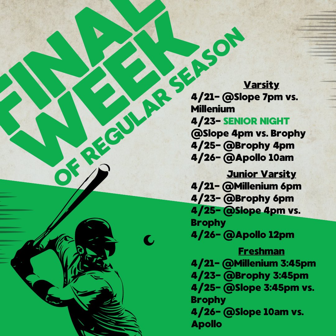 We have a busy final week of regular season! It’s hard to believe how fast the season went but let’s finish strong #slopebaseball. Let’s get a big show for Wednesdays SENIOR NIGHT! #sunnyslopebaseball #govikings
