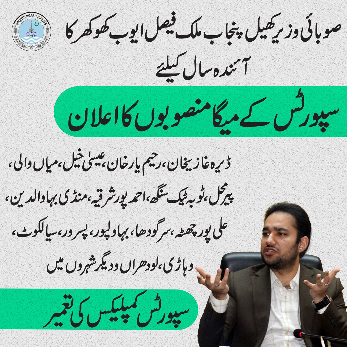 صوبائی وزیرکھیل پنجاب ملک فیصل ایوب کھوکھر نے آئندہ سال کیلئے سپورٹس کے میگا منصوبوں کا اعلان کردیا

<a href="/GovtofPunjabPK/">Government of Punjab</a> 

<a href="/MaryamNSharif/">Maryam Nawaz Sharif</a> 

<a href="/FaisalAKhokhar/">Faisal Saif Khokhar</a>