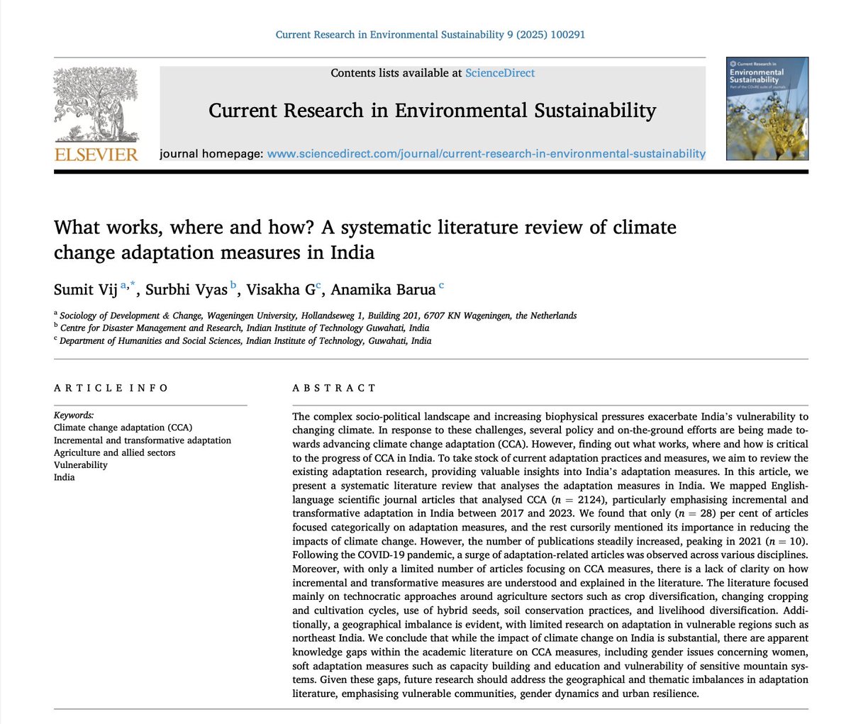 Anamika Barua (@ana_13b) on Twitter photo Happy to share our publication in Current Research in Environmental Sustainability "What works, where & how? A systematic literature review of climate change adaptation measures in India", highlights the need for inclusive, transformative & context specific adaptation research. Happy to share our publication in Current Research in Environmental Sustainability "What works, where & how? A systematic literature review of climate change adaptation measures in India", highlights the need for inclusive, transformative & context specific adaptation research.