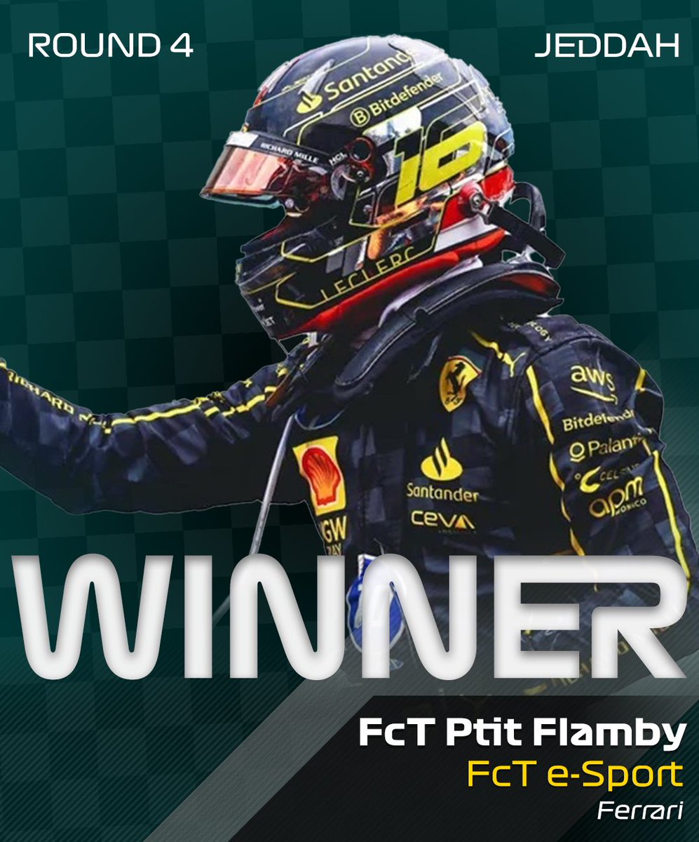 GorilleCup's tweet photo. 🏁 RESUME DE LA COURSE 🏁

Round 4 - Jeddah 🇸🇦

FcT Darkzernais a.k.a. “P’tit Flamby” nous refait une master class avec une pôle dominante et la victoire 🏆

vMv Zenlity qui est notre Pilote du Jour après une belle remontée jusqu’au podium 🥉 https://t.co/4oenyz1Kvv