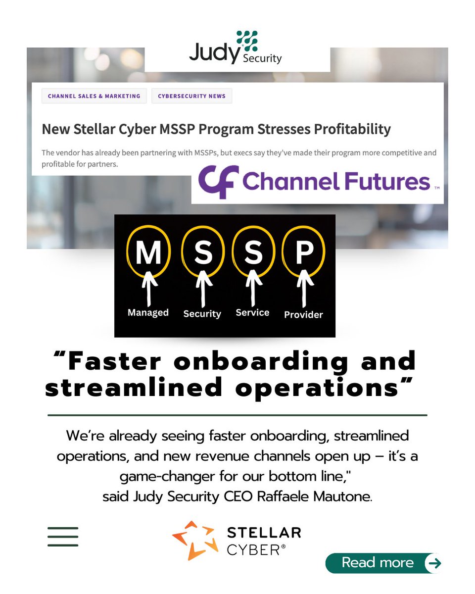 Judy Security (@judy_security) on Twitter photo 🚨 Judy Security featured in <a href="/ChannelFutures/">Channel Futures</a>!
We're proud to be part of <a href="/stellarcyberai/">Stellar Cyber</a> Cyber’s new MSSP program—bringing affordable, enterprise-grade #cybersecurity to SMBs.
Read more: hubs.la/Q03j5wZw0
#MeetJudy #JudySecurity #XDR #MSSP #SMB #MSP 🚨 Judy Security featured in <a href="/ChannelFutures/">Channel Futures</a>!
We're proud to be part of <a href="/stellarcyberai/">Stellar Cyber</a> Cyber’s new MSSP program—bringing affordable, enterprise-grade #cybersecurity to SMBs.
Read more: hubs.la/Q03j5wZw0
#MeetJudy #JudySecurity #XDR #MSSP #SMB #MSP