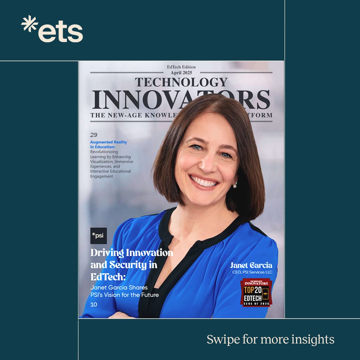 ETSInsights's tweet image. Janet Garcia, CEO of PSI, was named a Top 20 EdTech CEO of 2025 by @group_tim Her vision: rethink assessments using AI to make them smarter and more fair.
Read more: technology-innovators.com/edutech-ceos-e…
#ETS #PSIServices #AI #EdTech