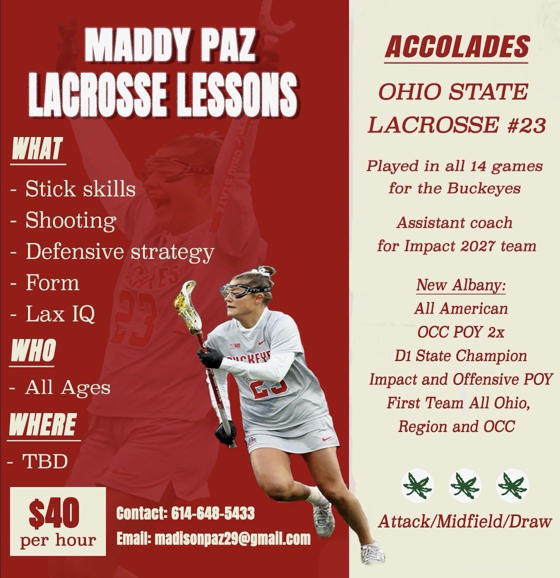 Summer lessons!! Located in Columbus/New Albany area! I work with girls HS/Youth and beginners. Text me for more information.