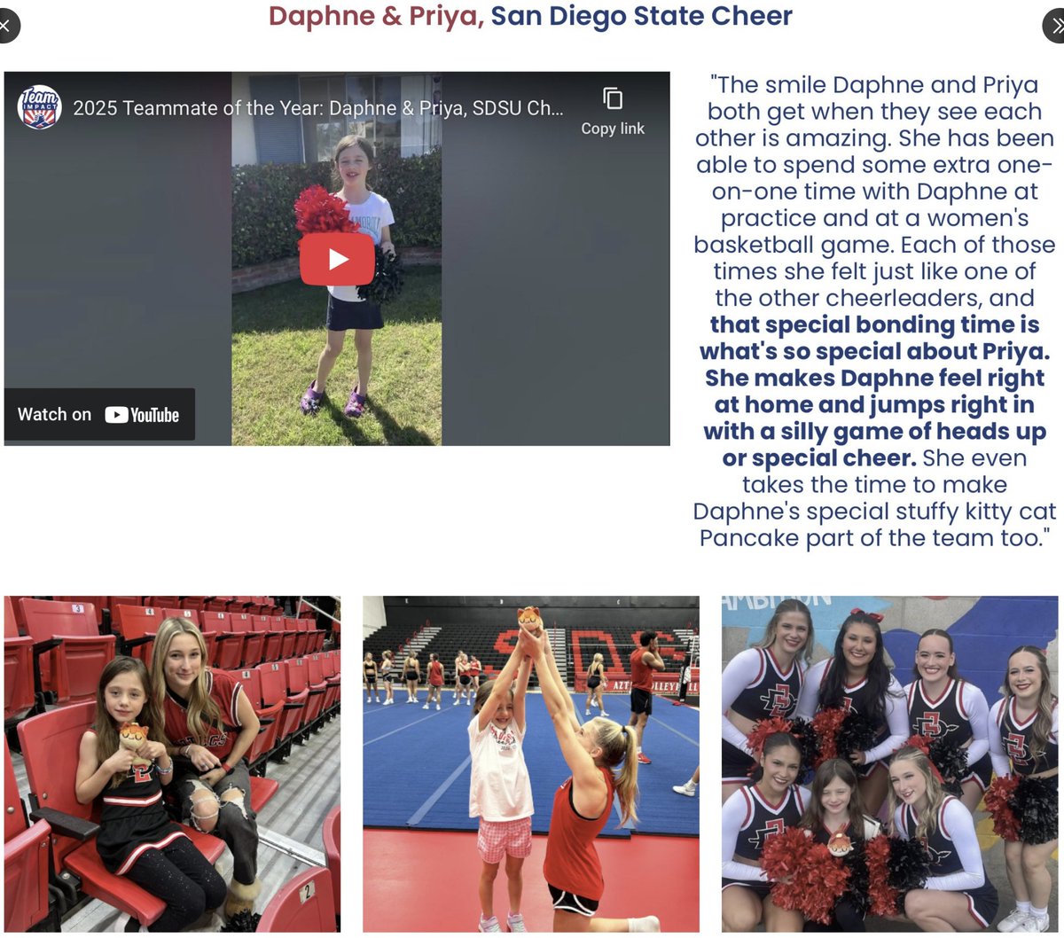 David Sciacero (@davidsciacero) on Twitter photo Just a few days left to vote for Priya & Daphne.
<a href="/SDSUCheer/">SDSU Cheer</a> Teammate Of The Year. <a href="/GoTeamIMPACT/">Team IMPACT</a>
a national organization that pairs kids with college athletes. VOTE HERE: bit.ly/4i8MWnb Just a few days left to vote for Priya & Daphne.
<a href="/SDSUCheer/">SDSU Cheer</a> Teammate Of The Year. <a href="/GoTeamIMPACT/">Team IMPACT</a>
a national organization that pairs kids with college athletes. VOTE HERE: bit.ly/4i8MWnb