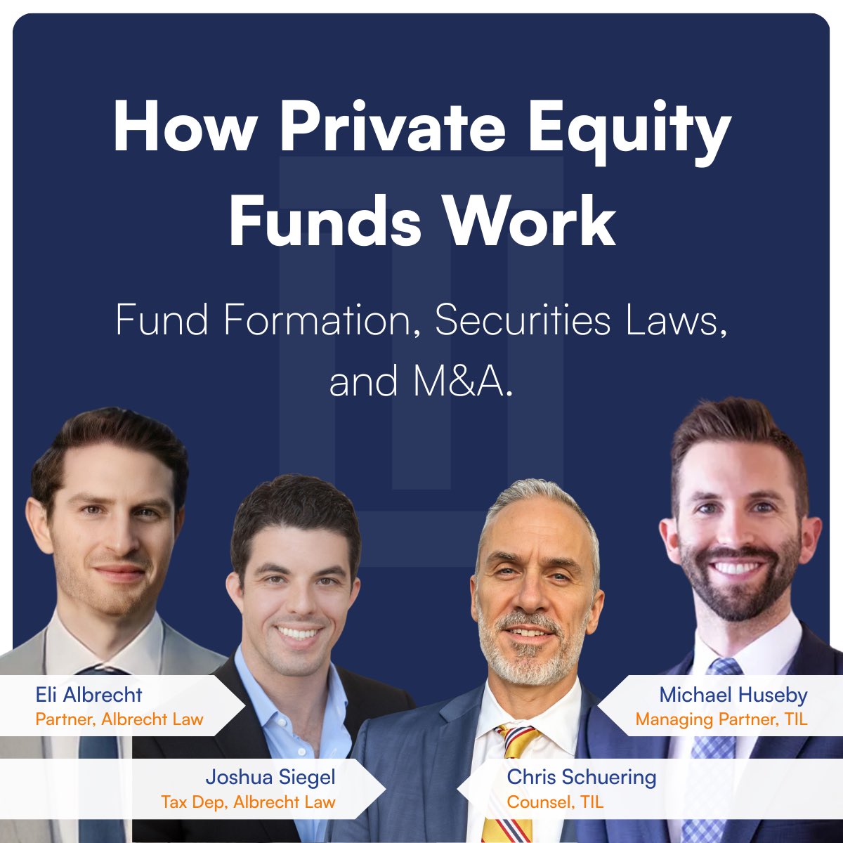 Albrecht_Law's tweet photo. We are hosting a webinar on private equity (PE) funds. 
 
Sign-up link is in the comments 👇

The teams at  TIL and Abrecht Law will cover the following:
 
✅ A clear breakdown of how private equity funds are structured ✅ The typical lifespan of a PE fund — and how it ends ✅ What’s new in fund formation: 506(c) and open-end PE ✅ How to structure your LOI and win deals  ✅ Optimizing tax structure (to save everyone money) ✅ Market trends in lower-middle-market PE
 
This session is perfect for: Fund managers, business owners, lawyers, LPs, and anyone navigating the fund formation or M&A space.
 
Details: 📅 Date: April 23, 2025 ⏰ Time: 9:00am PT | 12:00pm ET 📍 Location: See below in the comments
@elialbrecht @JoshuaASiegel 
@investing_law @Chris_Schuering