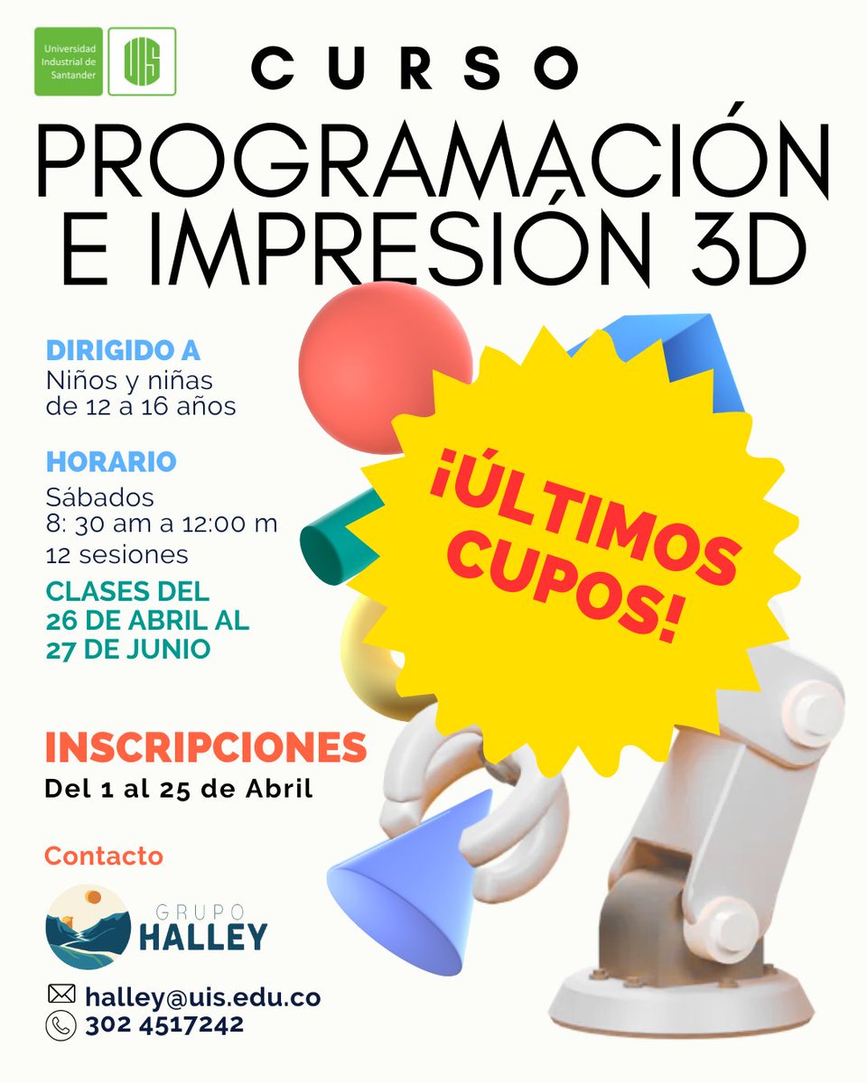 🚀¡Curso de Programación e Impresión 3D para jóvenes creativos! Aprende Scratch y Python, resuelve problemas ambientales, diseña e imprime en 3D.

Desarrolla habilidades esenciales y tu creatividad.
Público: 12 A 16 años. Cupo: 20 estudiantes.
¡Inscríbete!
halley.uis.edu.co/extension/eco-…