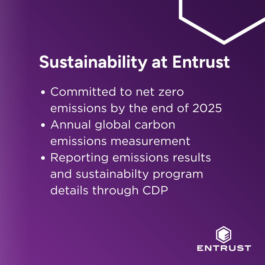 We’re committed to achieving net zero emissions by 2025.

As we lead up to #EarthDay, we want to share what we’re doing to promote sustainability at Entrust:
- Reducing packaging waste
- Eco-friendly greenspace
- HVAC monitoring 
And more! 🌎