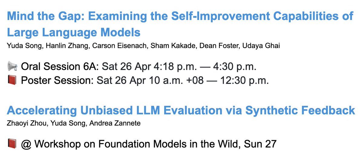 Heading to #ICLR2025 🇸🇬! Excited to connect with friends and chat about RL: theory, LLM reasoning and robotics! 

I will present our Oral paper on LLM self-improvement📍4:18pm Sat. Join me if you want to learn about its scaling laws, iterative training and test-time improvement.