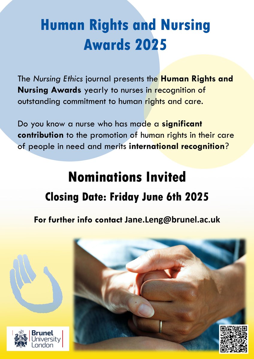 QNIS (@qni_scotland) on Twitter photo Nominations are open for the 2025 Human Rights and Nursing Awards, recognising outstanding contributions to human rights and care.
🗓️ Deadline: June 6, 2025
📩 To nominate, contact: Jane.Leng@brunel.ac.uk
🔗 journals.sagepub.com/page/nej/human…
#NursingEthics #HumanRights #BrunelUniversity Nominations are open for the 2025 Human Rights and Nursing Awards, recognising outstanding contributions to human rights and care.
🗓️ Deadline: June 6, 2025
📩 To nominate, contact: Jane.Leng@brunel.ac.uk
🔗 journals.sagepub.com/page/nej/human…
#NursingEthics #HumanRights #BrunelUniversity