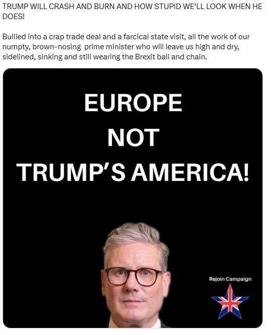Martin Davies 🇬🇧 🇫🇷 🇪🇺 🇨🇦 (@martindvz) on Twitter photo No to trade deal with Trump’s America
Yes to either rejoining the single market and customs union, or preferably rejoin the European Union as a full member
Retake our place at top table of Europe, as one of biggest, most influential members of richest free market area in world No to trade deal with Trump’s America
Yes to either rejoining the single market and customs union, or preferably rejoin the European Union as a full member
Retake our place at top table of Europe, as one of biggest, most influential members of richest free market area in world