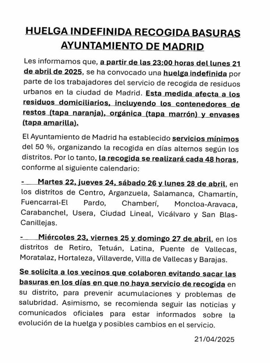 ‼️#Huelga de #basuras en #Madrid . Para el que no se haya enterado, ahí va la circular.
