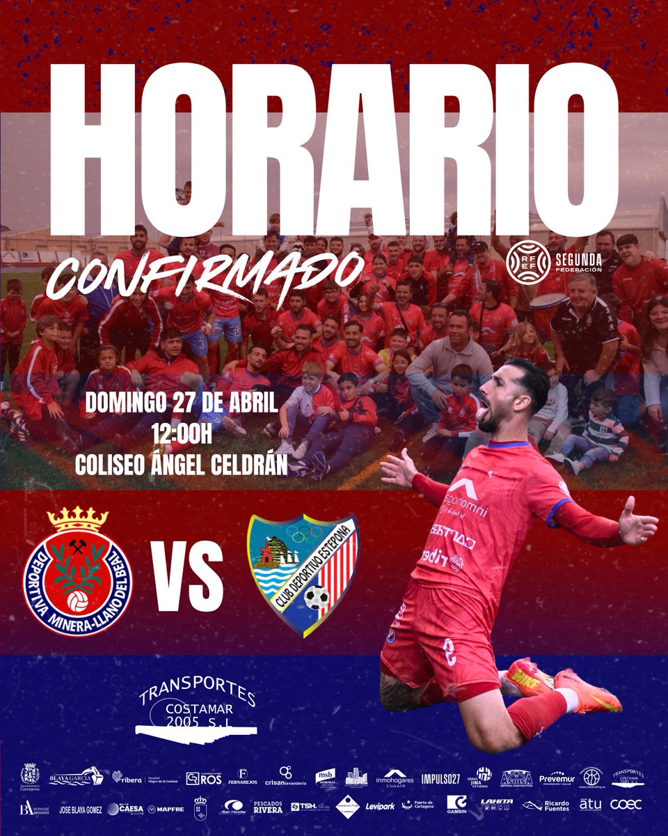 Club Deportiva Minera (@deportivaminera) on Twitter photo 🚨 𝐇𝐎𝐑𝐀𝐑𝐈𝐎 𝐂𝐎𝐍𝐅𝐈𝐑𝐌𝐀𝐃𝐎 | El último en casa 😢
🆚 <a href="/CDEstepona/">C.D. Estepona</a>
🗓️ Domingo 27 de abril.
⌚️ 12h.
🏟️ Coliseo Ángel Celdrán.
#⃣ #DeportivaMineraEstepona
⭐️ 𝐓𝐫𝐚𝐧𝐬𝐩𝐨𝐫𝐭𝐞𝐬 𝐂𝐨𝐬𝐭𝐚𝐦𝐚𝐫.
#CorazónMinero | #AlmaDeGuerrero 🚨 𝐇𝐎𝐑𝐀𝐑𝐈𝐎 𝐂𝐎𝐍𝐅𝐈𝐑𝐌𝐀𝐃𝐎 | El último en casa 😢
🆚 <a href="/CDEstepona/">C.D. Estepona</a>
🗓️ Domingo 27 de abril.
⌚️ 12h.
🏟️ Coliseo Ángel Celdrán.
#⃣ #DeportivaMineraEstepona
⭐️ 𝐓𝐫𝐚𝐧𝐬𝐩𝐨𝐫𝐭𝐞𝐬 𝐂𝐨𝐬𝐭𝐚𝐦𝐚𝐫.
#CorazónMinero | #AlmaDeGuerrero