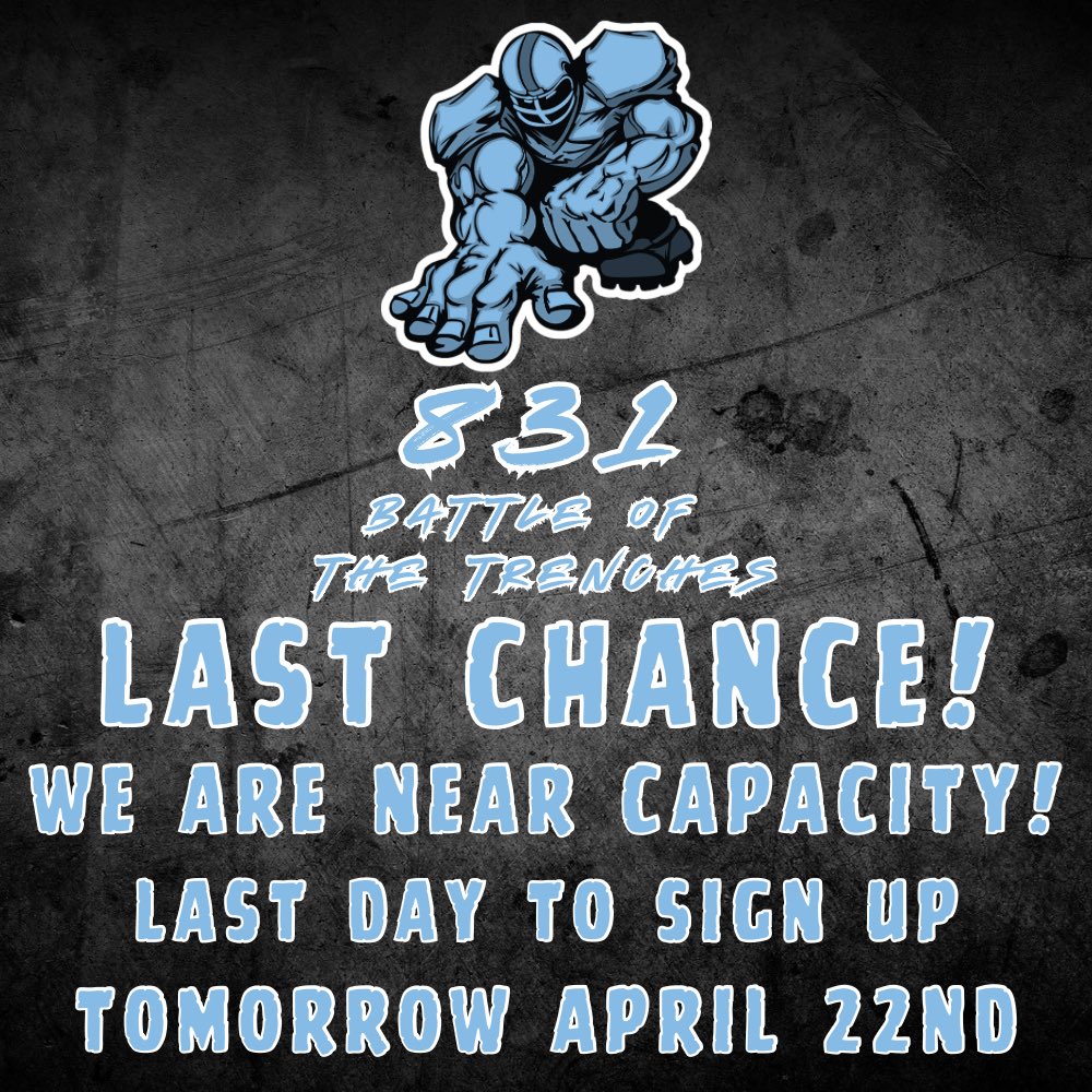 Coach Romero (@coachromero_cc) on Twitter photo Last chance to sign up for the 831 battle of the trenches linemen camp! We will be closing sign ups TOMORROW!! We are near 150 linemen signed up! Don’t miss out! <a href="/coach_eubanksOC/">Joey Eubanks</a> <a href="/CoachHansen43/">Coach Hansen</a> <a href="/Coach_Cuevas_/">Coach Cuevas</a> Last chance to sign up for the 831 battle of the trenches linemen camp! We will be closing sign ups TOMORROW!! We are near 150 linemen signed up! Don’t miss out! <a href="/coach_eubanksOC/">Joey Eubanks</a> <a href="/CoachHansen43/">Coach Hansen</a> <a href="/Coach_Cuevas_/">Coach Cuevas</a>