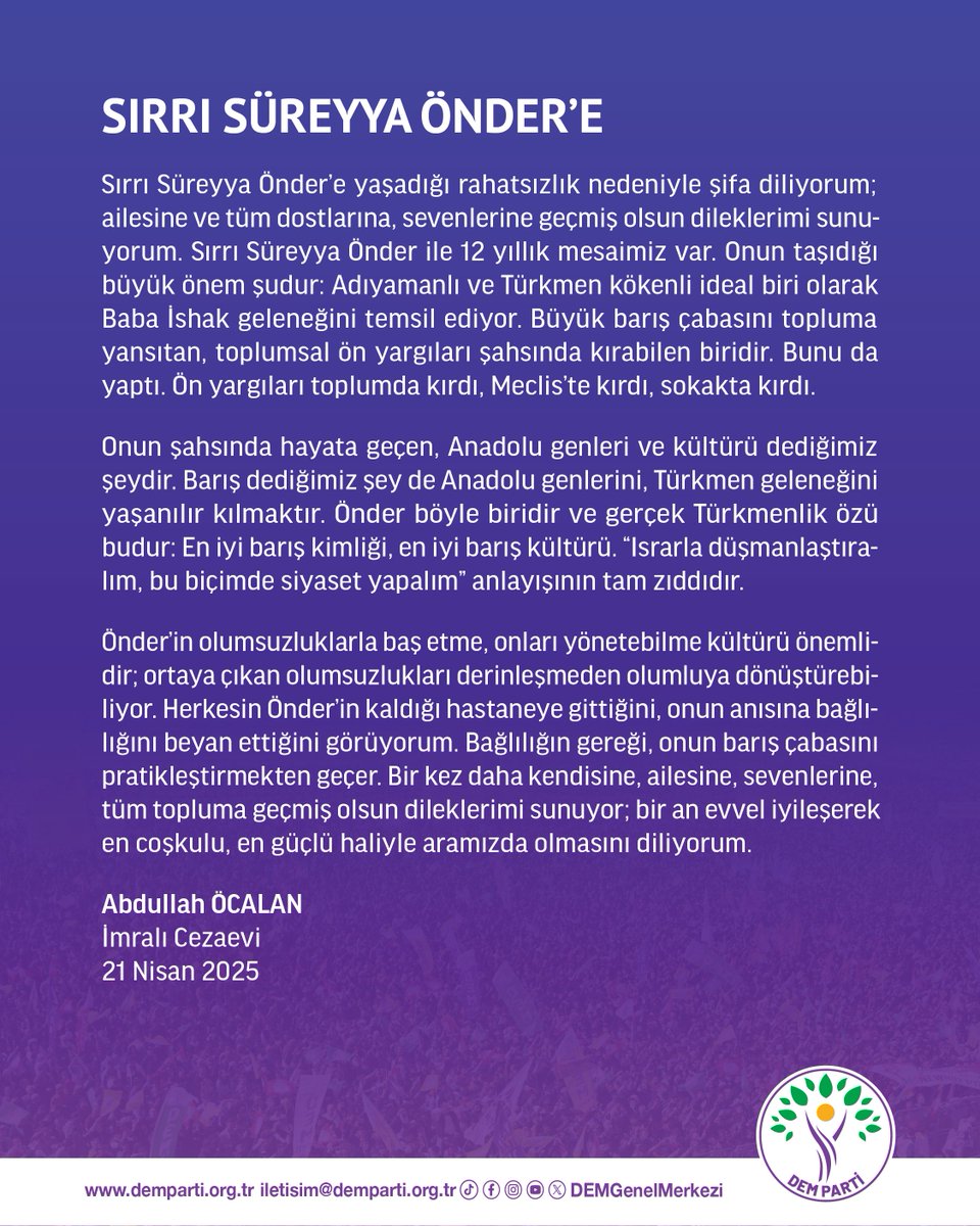 DEMGenelMerkezi's tweet photo. İmralı’dan dönen heyetimiz, Sayın Abdullah Öcalan’ın, tedavisi devam eden Sırrı Süreyya Önder’e ilişkin yaptığı açıklamayı paylaştı.

https://t.co/heWrrxPETz https://t.co/4C5yQVMUNu