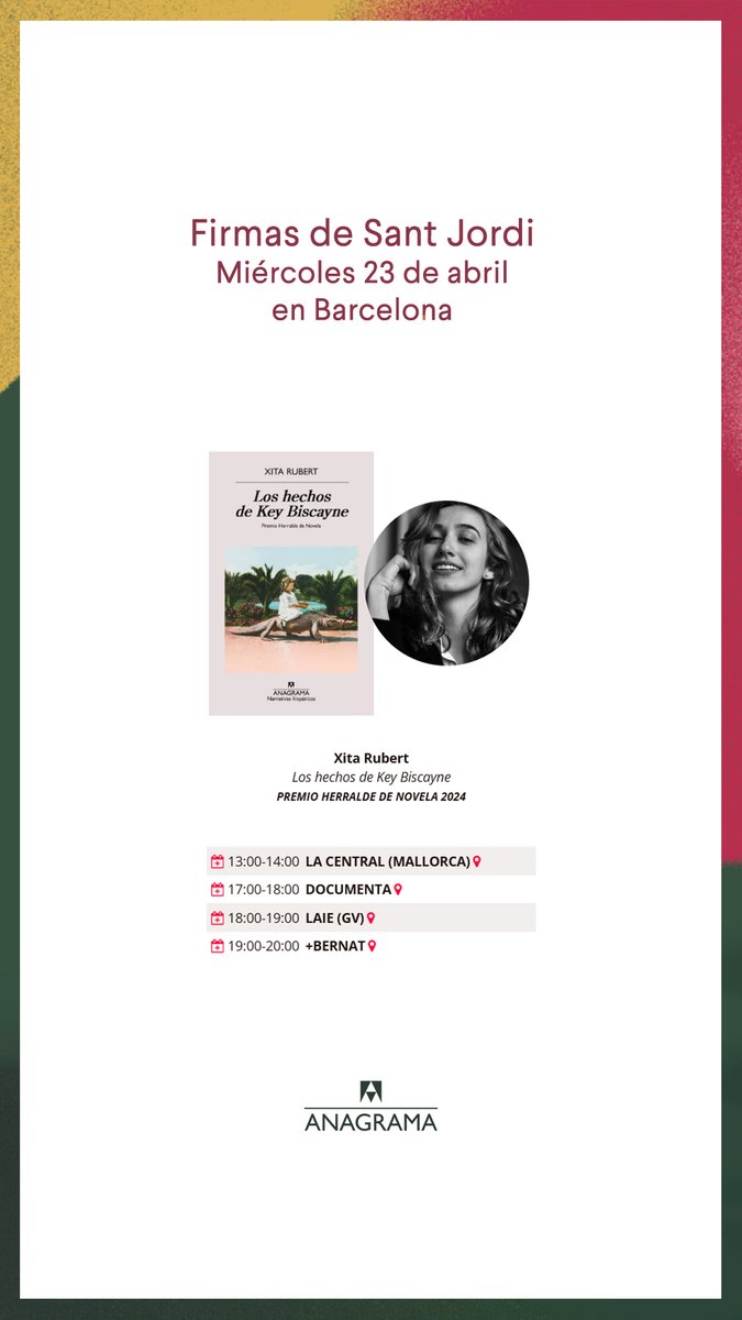 Ens veiem a Barcelona per Sant Jordi 🌹
13-14h <a href="/La_Central_/">La Central</a> (Mallorca cantonada amb Rambla Catalunya)
17-18h <a href="/DocumentaBCN/">Llibreria Documenta</a> (Pg. de Gràcia amb Mallorca, cantó mar)
18-19h <a href="/laietana/">laie</a> (Pg. de Gràcia amb Gran Via, parades 8, 10, 12, 14)
19-20h <a href="/libreriabernat/">Librería +Bernat</a> (Av. Diagonal, 477)