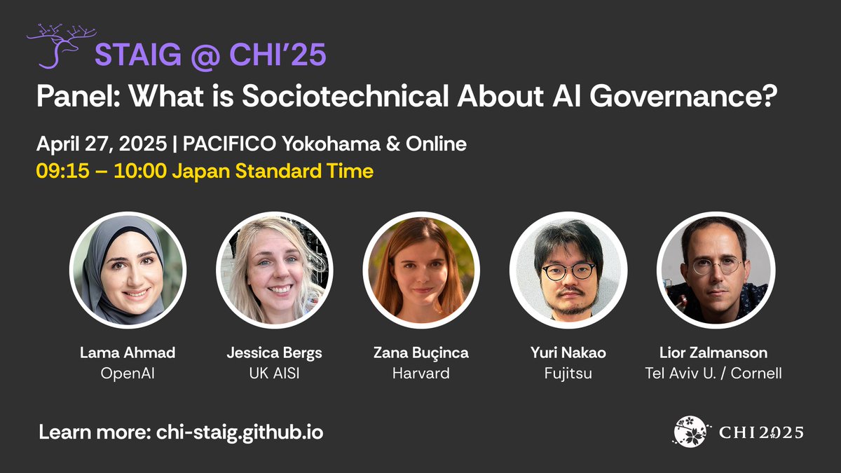The First Workshop on Sociotechnical AI Governance at CHI 2025 (STAIG@CHI’25) is less than a week away! We’re super excited to hold a panel with some amazing speakers to discuss why a sociotechnical approach to AI governance is so important. Join us in Yokohama or online.