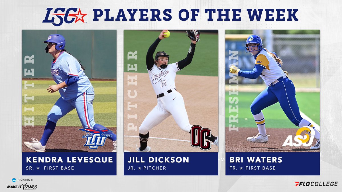Lone Star Conference (@lonestarconf) on Twitter photo #LSCsb Players of the Week – April 21 🥎
Hitter: Kendra Levesque, <a href="/LCUCHAPS/">LCU Chaparrals</a>
Pitcher: Jill Dickson, <a href="/OCEagles/">OC Eagles</a>
Freshman: Bri Waters, <a href="/angeloathletics/">Angelo State Athletics</a>
🔗 bit.ly/3Rpn7Er
#D2sb <a href="/FloCollege/">FloCollege</a> #LSCsb Players of the Week – April 21 🥎
Hitter: Kendra Levesque, <a href="/LCUCHAPS/">LCU Chaparrals</a>
Pitcher: Jill Dickson, <a href="/OCEagles/">OC Eagles</a>
Freshman: Bri Waters, <a href="/angeloathletics/">Angelo State Athletics</a>
🔗 bit.ly/3Rpn7Er
#D2sb <a href="/FloCollege/">FloCollege</a>