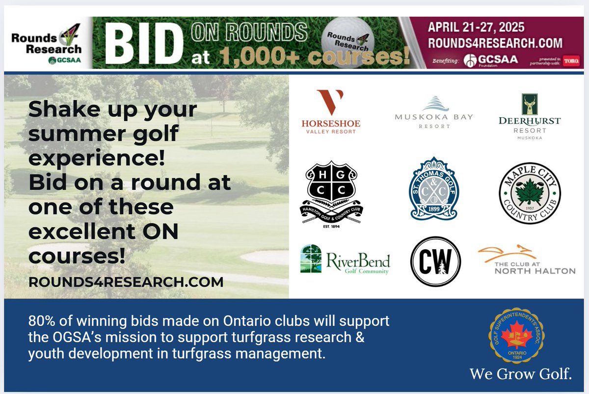 OGSA (@ontariogsa) on Twitter photo NOW OPEN! The <a href="/GCSAAFoundation/">GCSAA Foundation</a> <a href="/Rounds4Research/">Rounds 4 Research</a> auction is live! Bid on golf and support turf research and youth engagement in Ontario. Check out the Ontario Clubs who have donated: buff.ly/cwF0Bhw. Auction closes April 27th - don't miss out! <a href="/GCSAA/">GCSAA</a> #OGSA #TodayInOntario NOW OPEN! The <a href="/GCSAAFoundation/">GCSAA Foundation</a> <a href="/Rounds4Research/">Rounds 4 Research</a> auction is live! Bid on golf and support turf research and youth engagement in Ontario. Check out the Ontario Clubs who have donated: buff.ly/cwF0Bhw. Auction closes April 27th - don't miss out! <a href="/GCSAA/">GCSAA</a> #OGSA #TodayInOntario