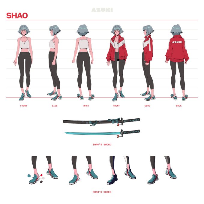 Character design sheet of Shao from Azuki, showcasing front, side, and back views in different outfits, along with detailed views of a sword and shoes.