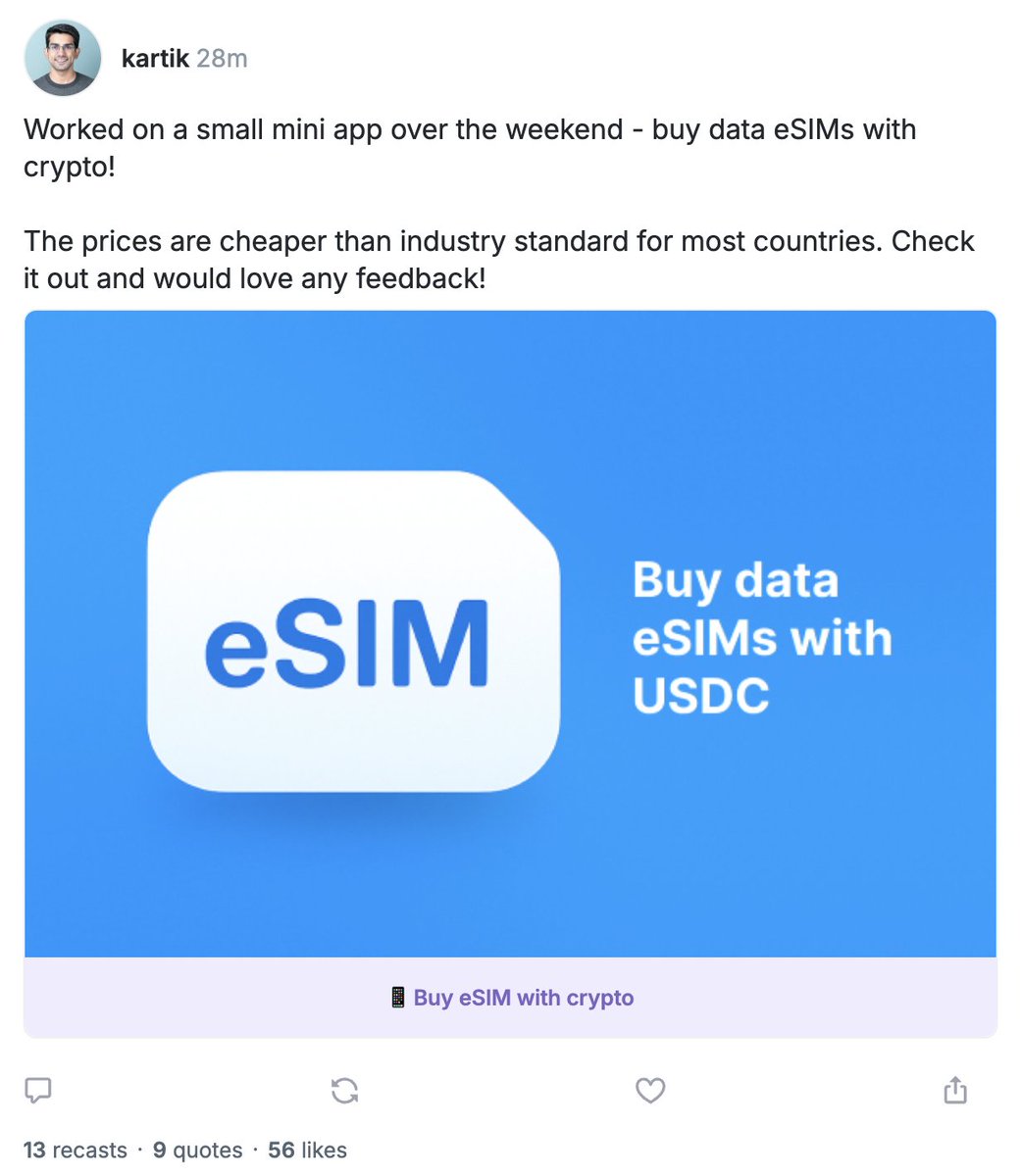 Buy an eSIM with crypto in a mini app from @TheRealKartik