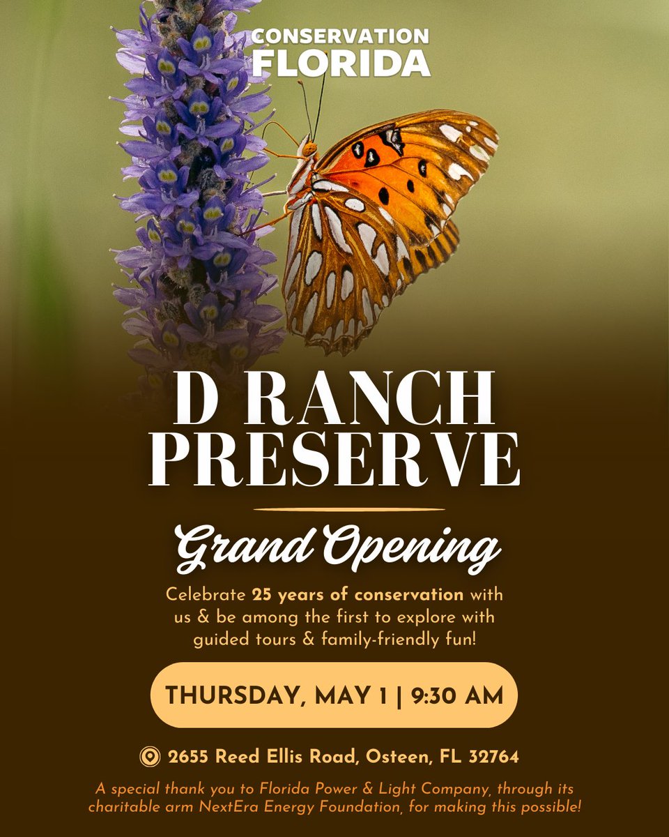 Conservation Florida (@conservation_fl) on Twitter photo The wait is OVERโฆ ๐ฅ D Ranch Preserve is opening!
For the first time ever, weโre welcoming YOU to our very first public preserve โ May 1st, 2025 ๐
Big thanks to <a href="/insideFPL/">Florida Power & Light</a> & <a href="/nexteraenergy/">NextEra Energy, Inc.</a> for making this opening possible & supporting wild FL! The wait is OVERโฆ ๐ฅ D Ranch Preserve is opening!
For the first time ever, weโre welcoming YOU to our very first public preserve โ May 1st, 2025 ๐
Big thanks to <a href="/insideFPL/">Florida Power & Light</a> & <a href="/nexteraenergy/">NextEra Energy, Inc.</a> for making this opening possible & supporting wild FL!