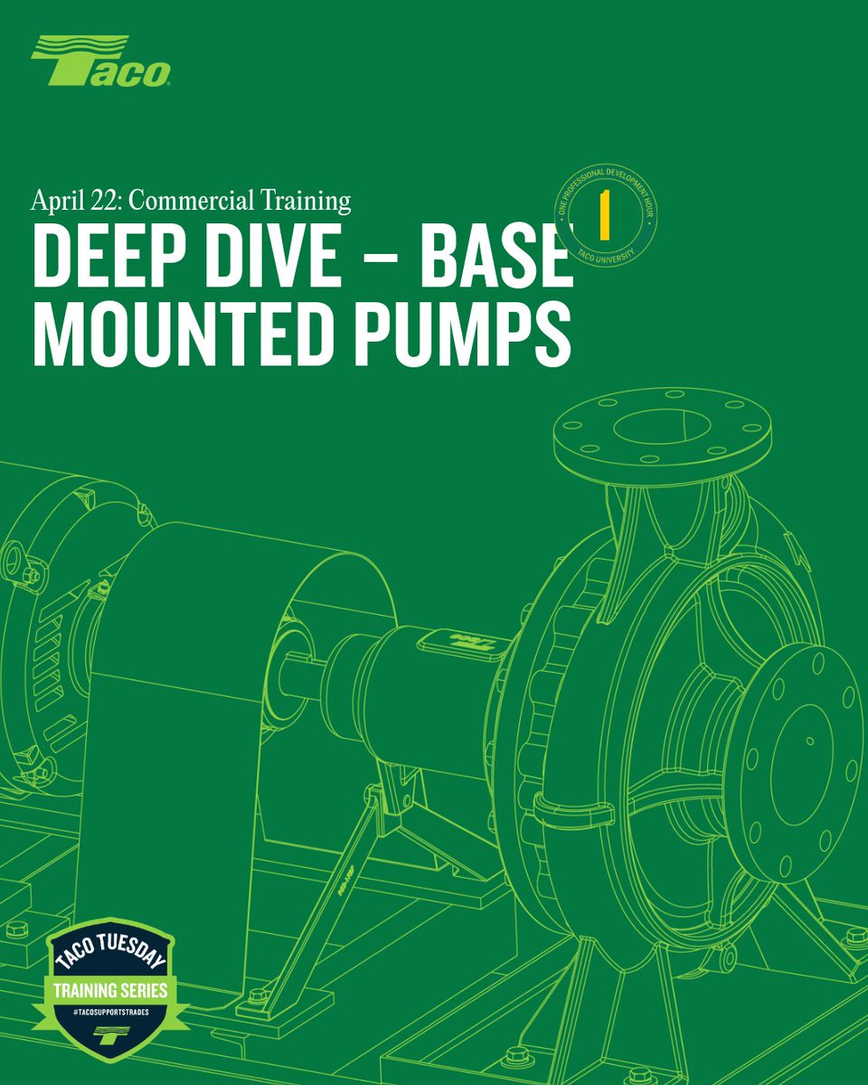 TacoComfort's tweet image. 🎓 Earn 1 PDH | 🧰 Master FI &amp;amp; CI Base-Mounted Pumps
Join Taco pros to explore pump design, seals, eLink™ &amp;amp; more.

📅 April 22 at 12 PM EDT
🔗 Register now:pulse.ly/dqmgccoxh5

#TacoTuesday #TacoSupportsTraining #TacoSolutions #MakingWaterWork #PartnerForPeaceOfMind