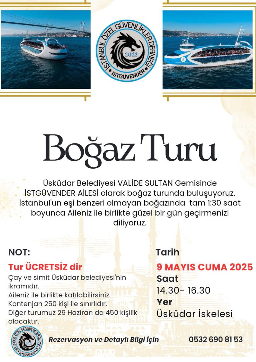 İstgüven Ailesine Hayırlı olsun.
9 Mayıs 2025 Cuma günü saat 14:30 da Üsküdar sahilde buluşuyoruz.
İrtibat numarasına isim yazdırarak kaydınızı yaptırınız.
Toplam sayı 250 kişi ile sınırlıdır.
Birlikte Güçlü Yarınlar İçin..
⭐ İSTGÜVENDER ⭐