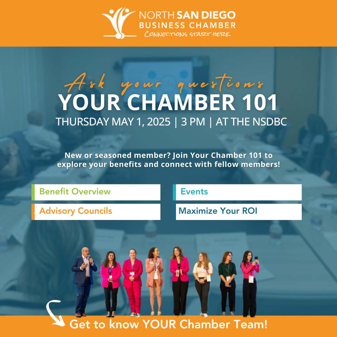 sdbizchamber's tweet image. New to the Chamber or need a refresh? Join Your Chamber 101 to learn how to boost ROI, get involved, and make the most of your membership!

Register here: ow.ly/8BZ950VCvyi

#nsdbc #sandiego #starthere #connect #chamber101
