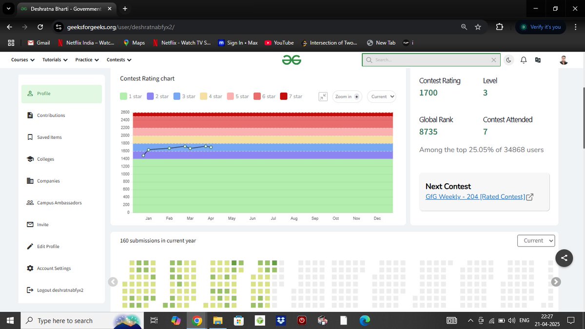 DeshratnaB's tweet image. Hey @geeksforgeeks!
Here’s my GfG Streak Chart – consistency has been my superpower!
What keeps me going daily? The joy of solving, learning something new, and leveling up bit by bit. It&apos;s like a game I never want to miss a day of!

#GfGStreak #DailyDSA #KeepSolving