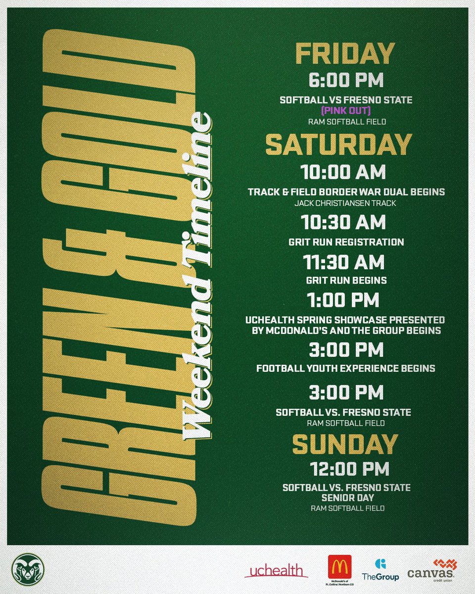 Colorado State Football (@csufootball) on Twitter photo Green & Gold Weekend is almost ๐๐๐ฅ๐! ๐
Catch us + <a href="/CSUSoftball/">Colorado State Softball</a> & <a href="/CSUTrackFieldXC/">Colorado State T&F/XC</a> competing across campus this weekend ๐ฅ
#Relentless x #RamGrit๐ Green & Gold Weekend is almost ๐๐๐ฅ๐! ๐
Catch us + <a href="/CSUSoftball/">Colorado State Softball</a> & <a href="/CSUTrackFieldXC/">Colorado State T&F/XC</a> competing across campus this weekend ๐ฅ
#Relentless x #RamGrit๐