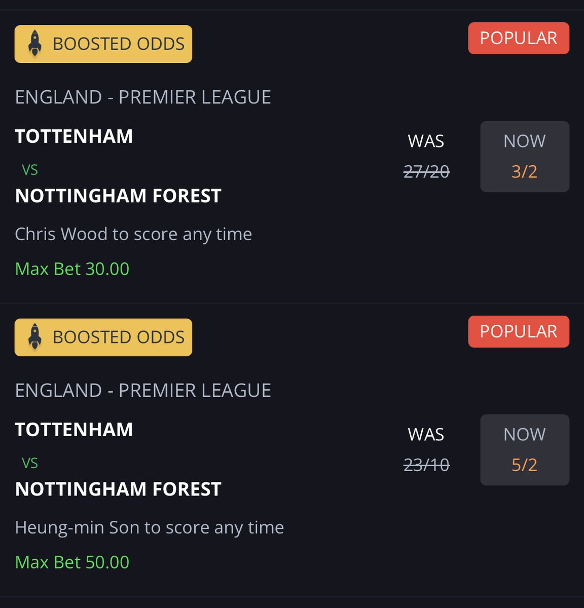 Bet442 (@bet442official) on Twitter photo The Bank Holiday might be drawing to a close but there’s still <a href="/premierleague/">Premier League</a> action to look forward to this evening!🙌🏼👏🏼⚽️
We’ve boosted the odds on Heung-min Son & Chris Wood both scoring tonight 👀🚀
Heung-min Son to score ➡️ 5/2
Chris Wood to score ➡️ 6/4 The Bank Holiday might be drawing to a close but there’s still <a href="/premierleague/">Premier League</a> action to look forward to this evening!🙌🏼👏🏼⚽️
We’ve boosted the odds on Heung-min Son & Chris Wood both scoring tonight 👀🚀
Heung-min Son to score ➡️ 5/2
Chris Wood to score ➡️ 6/4