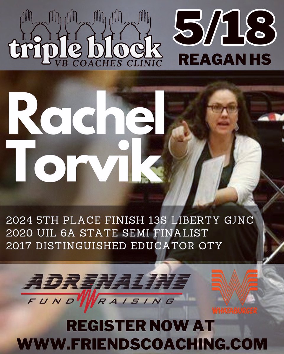 FriendsCoachTX's tweet image. Triple Block VB Coaches Clinic 🙌🙌🙌 Sponsored by Adrenaline Fundraising and Whataburger! Friends Coaching was born from a shared passion: the belief that coaching, at its heart, is about connection and community. Go to friendscoaching.com for more info and to register.