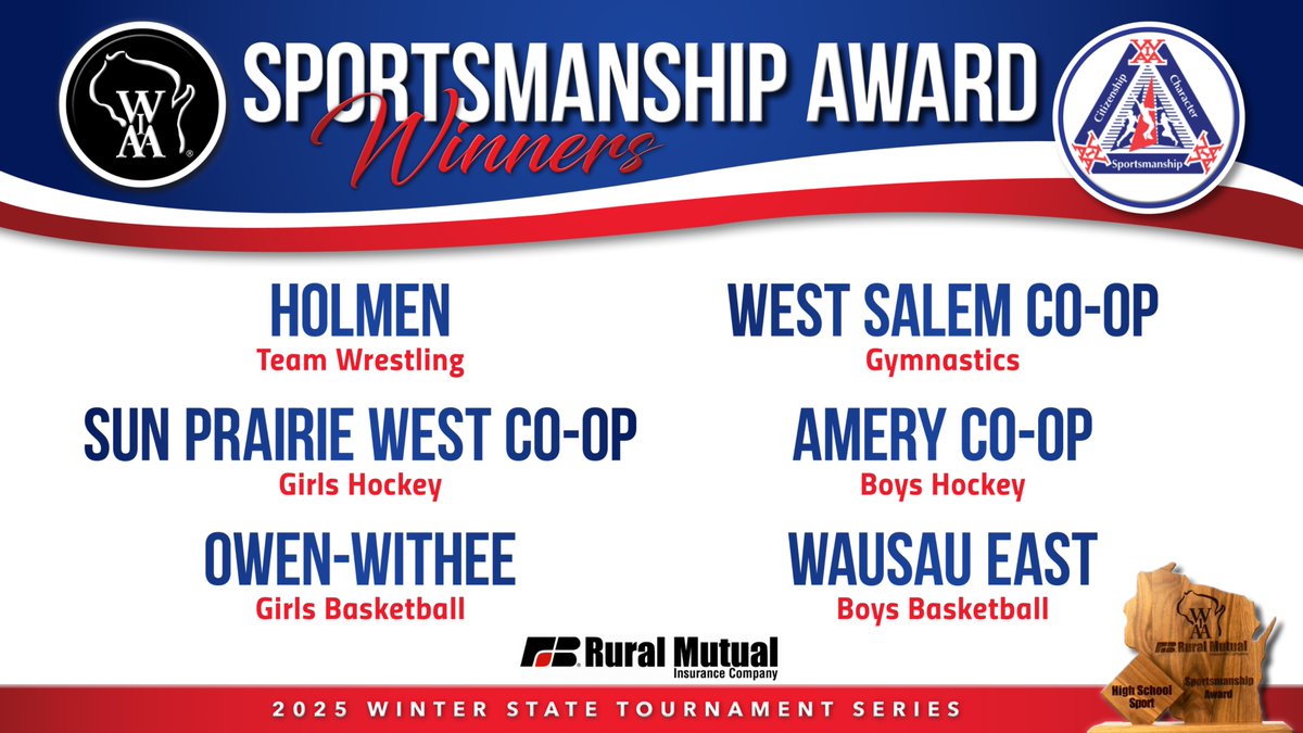 WIAA (@wiaawi) on Twitter photo Congratulations to the 2025 WIAA & <a href="/RuralMutual/">Rural Mutual Ins.</a> Winter State Tournament Sportsmanship Award Winners! 🎉
🤼♂️ Holmen
🤸♀️ West Salem Co-op
🏒 Sun Priaire West Girls Co-op
🏒 Amery Boys Co-op
🏀Owen-Withee
🏀 Wausau East
These schools showed what true sportsmanship is all about — on Congratulations to the 2025 WIAA & <a href="/RuralMutual/">Rural Mutual Ins.</a> Winter State Tournament Sportsmanship Award Winners! 🎉
🤼♂️ Holmen
🤸♀️ West Salem Co-op
🏒 Sun Priaire West Girls Co-op
🏒 Amery Boys Co-op
🏀Owen-Withee
🏀 Wausau East
These schools showed what true sportsmanship is all about — on