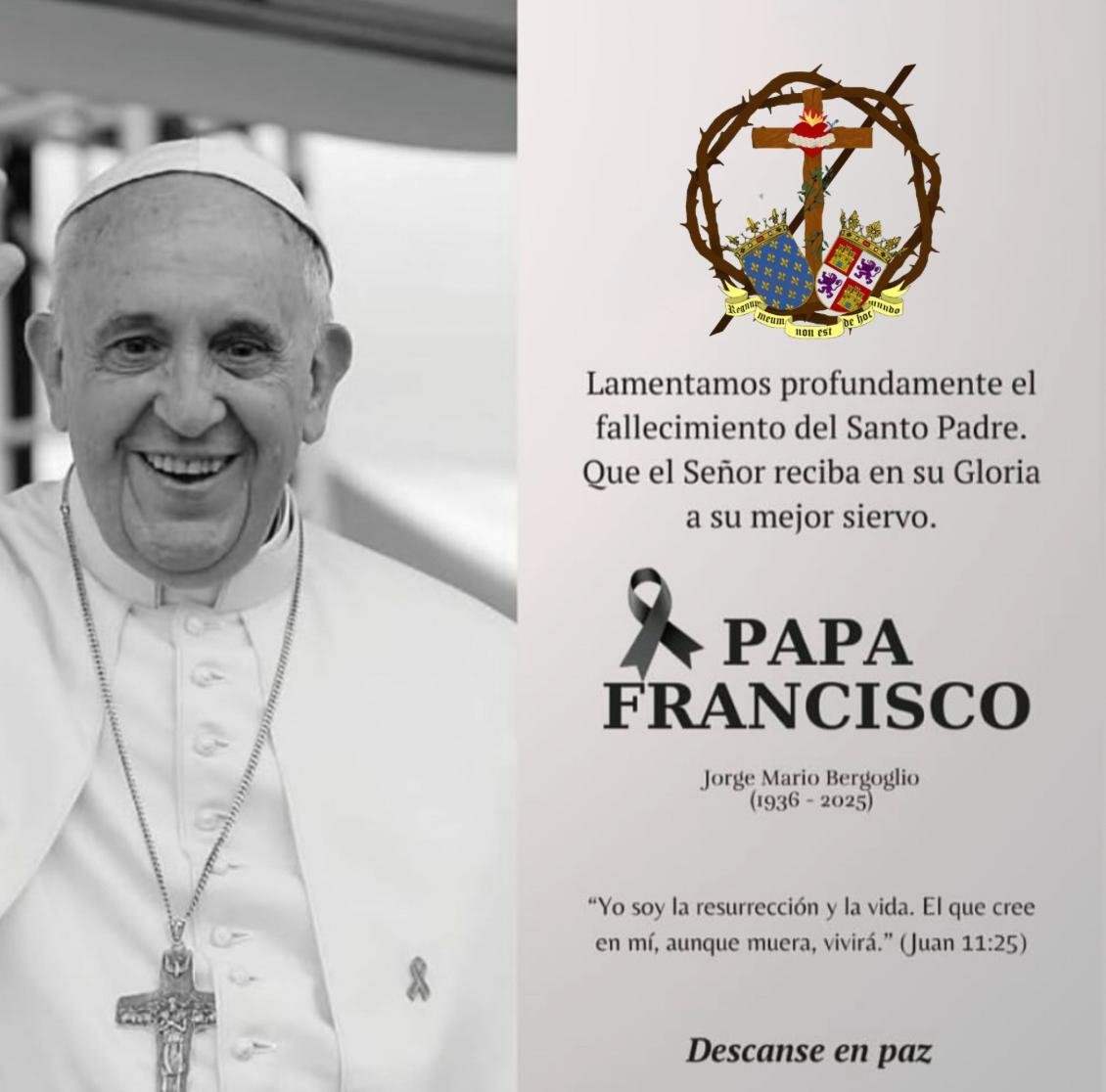 🔵🔴 OBITUARIO 🔴🔵

Desde la Agrupación Parroquial Paz y Misericordia lamentamos profundamente el fallecimiento del Santo Padre. En oración con toda la Iglesia, pedimos por el alma del Papa Francisco en la esperanza de que se encuentre en la morada del Padre.

Descanse en Paz.