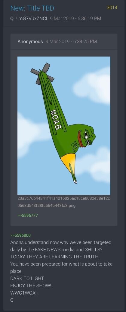 Queenofspring's tweet photo. @SantaSurfing 😇👉#FallOfTheWicked = = = ><>
1231
Apr 21, 2018 3:10:43 PM EDT
Q !xowAT4Z3VQ ID: b7a0ab No. 1133332
What will next week hold?
MOAB.
Q https://t.co/UbA9o0gFC5